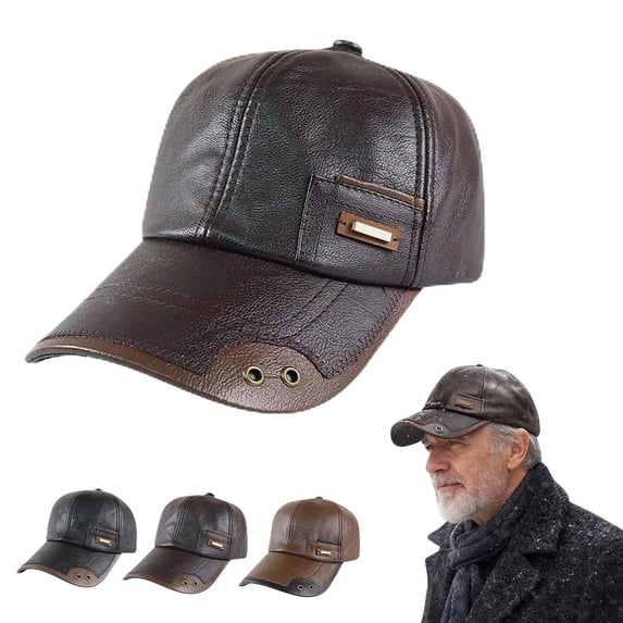Adjustable Dad Hat AURORADY Windproof Pu Leather Baseball Cap with Thick Fleece Adjustable Warm Outdoor Driving Headwear, Brown One Size Baseball Caps
