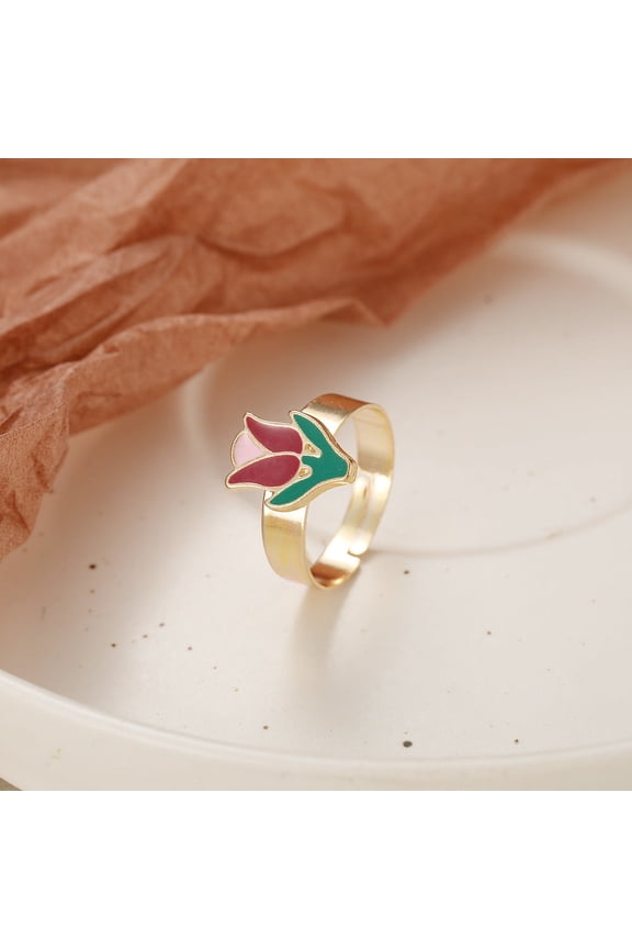 Adjustable Ring with Daisy and Tulip Design Alloy Resin Flower Ring Simple Tai Chi Ring Drop Oil Ring for Women and
