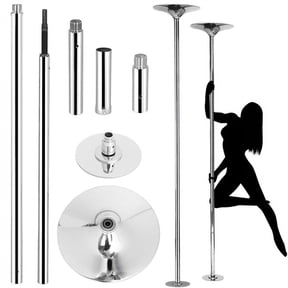Alden Design Adjustable Portable Dance Pole with Static and Spinning Exercise Fitness Modes, Silver