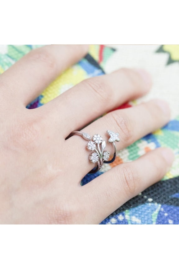 Adjustable Dandelion Ring Micro-Inlaid Copper and Zircon Butterfly Opening Ladies Index Finger Ring