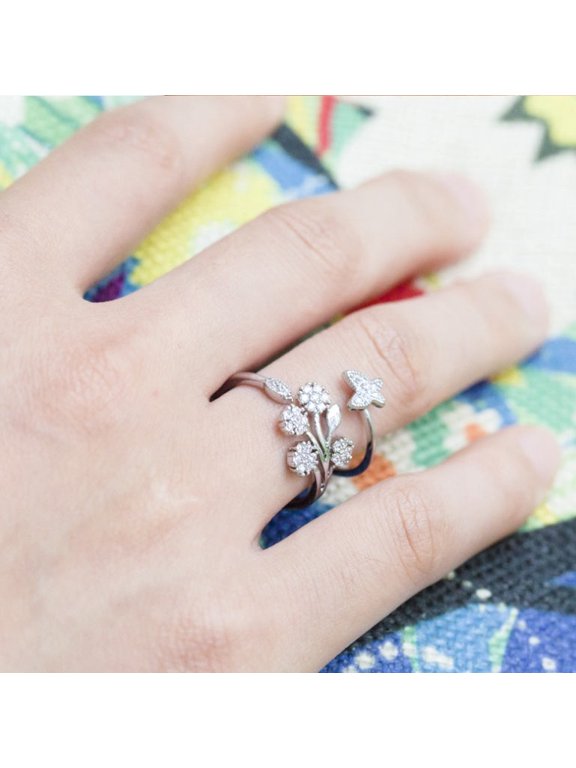Adjustable Dandelion Ring With Butterfly Design Copper Zircon Inlaid Open Band For Women Size Adjustable Women