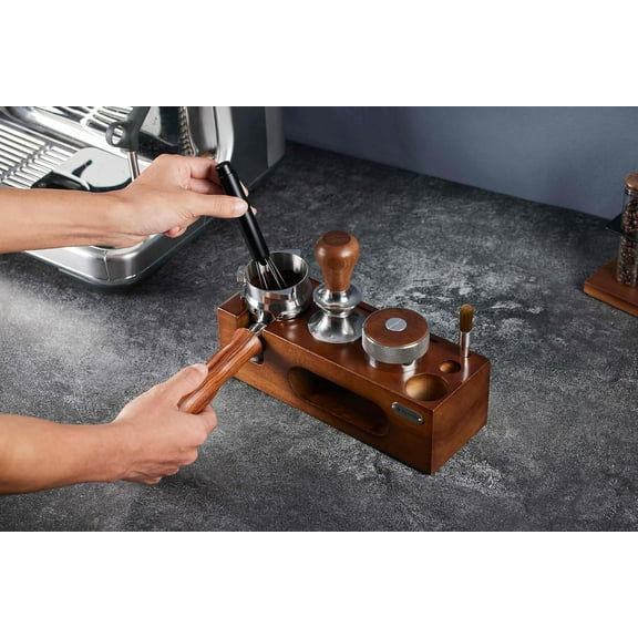 Adjustable Depth Espresso Leveler for 54mm Portafilter, Stainless Steel & Walnut Wood