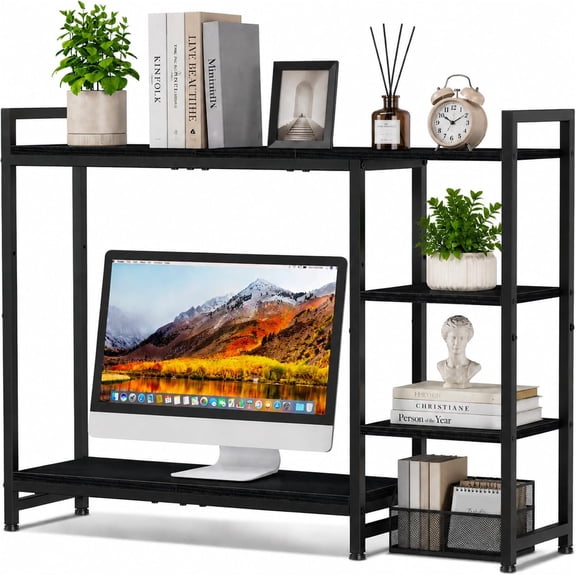 Adjustable Desk Shelf with Monitor Stand, 38.6" Desktop Organizer Hutch, Height Adjustable Computer Monitor Riser & 4 Tier Storage Bookshelf for Home Office Dorm, Black