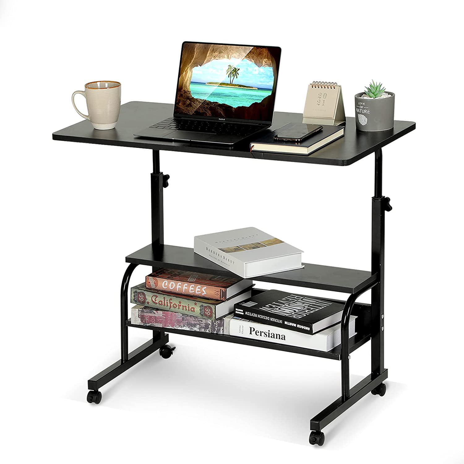 Home Office Desks Standing Adjustable Height Small Laptop Desk with Storage  for Small Spaces Computer Table for Couch Bedrooms Mobile Rolling Portable Student  Desk on Wheels Modern Uplift Rustic Desk 