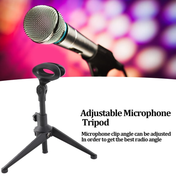 Adjustable Desktop Microphone Tripod Stand with Clip Holder, Portable Mini Table Mic Base, 8.1-10.6in Height Range, Plastic, Black