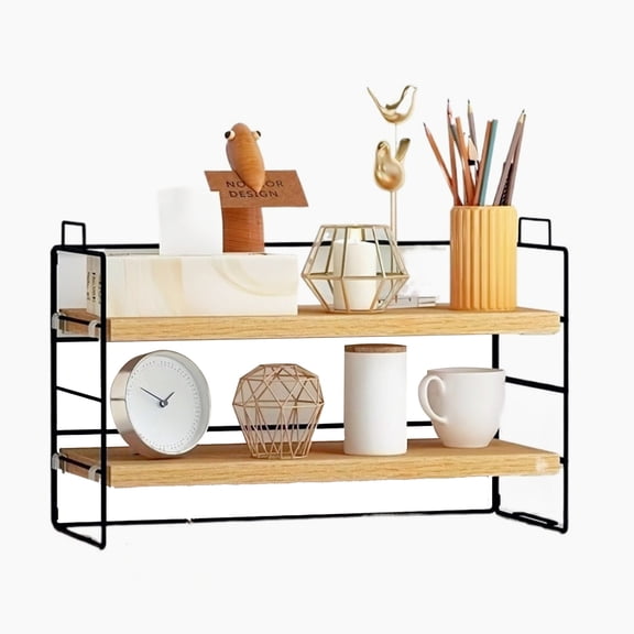 2-Tier Desktop Shelf Organizer with Wood Board, Adjustable Industrial Style Bookshelf, Multipurpose Storage for Home Office Desk, Countertop, and Display, Black Frame