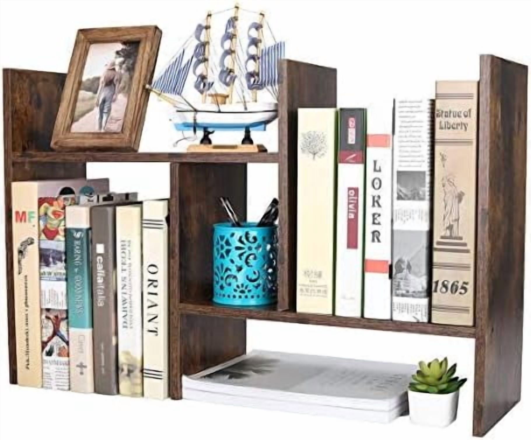 Adjustable Desktop Shelf Wood Small Bookshelf Desk Supplies Organizers ...