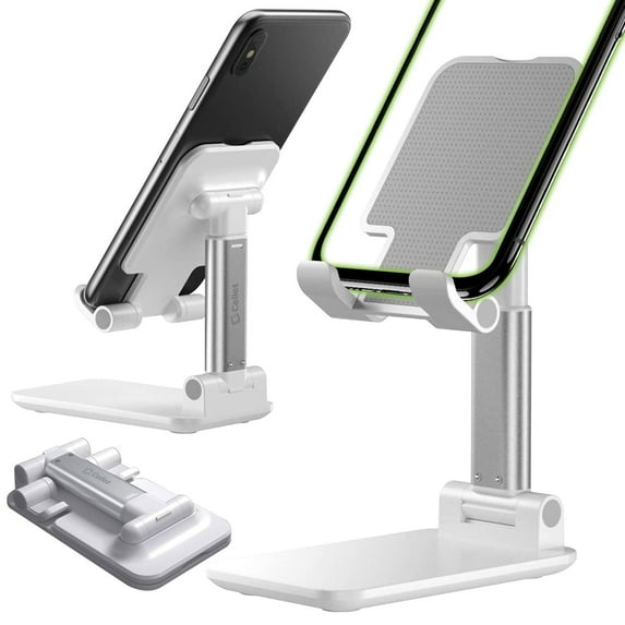 Adjustable Desktop Smartphone and Tablet Stand, Foldable Heavy Duty Phone Stand with Non-Slip Rubberized Grips and Weighted Base Compatible with iPhone, iPads, Tablets and Nintendo Switch - White