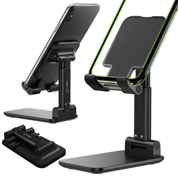 Adjustable Desktop Smartphone and Tablet Stand, Foldable Heavy Duty Phone Stand with Non-Slip Rubberized Grips and Weighted Base Compatible with iPhone, iPads, Tablets and Nintendo Switch – Black