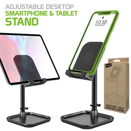 Adjustable Desktop Smartphone and Tablet Stand, Heavy Duty Adjustable Phone Stand with Mini Shelf, Non-Slip Rubberized Base Compatible to Smartphones, Tablets, iPads and Nintendo Switch – Black