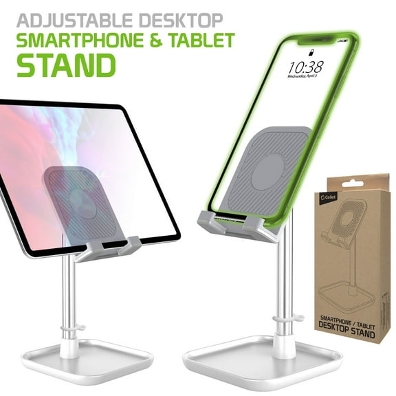 Adjustable Desktop Smartphone and Tablet Stand, Heavy Duty Adjustable Phone Stand with Mini Shelf, Non-Slip Rubberized Base Compatible to Smartphones, Tablets, iPads and Nintendo Switch – Silver