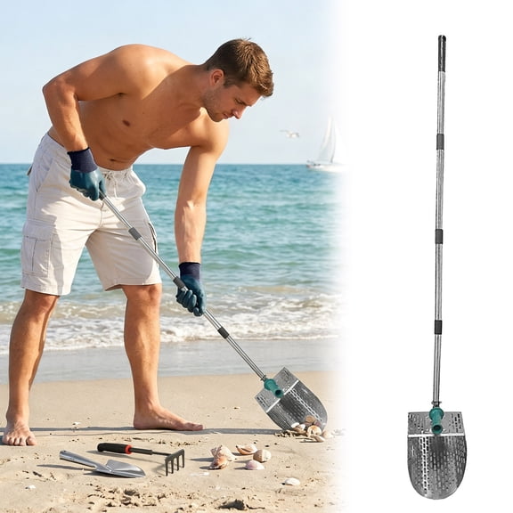 Adjustable Detachable Long Handle Sand Flea Rake, Stainless Steel Beach Sand Sifter for Metal Detecting Shark Teeth Collecting(Silver,26x13x150cm)