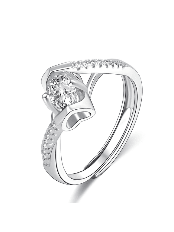 Adjustable Diamond Style Ring for Women, Open Band White Gold Tone, Sparkling CZ Stone Fashion Ring