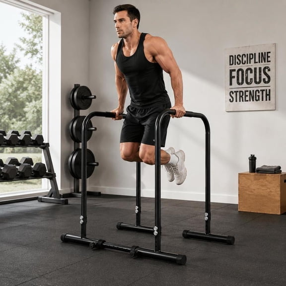 Adjustable Dip Bar Station, 660 Lbs Capacity, 4-Level Heights, 5-Way Width Settings, Foam Handles, Black