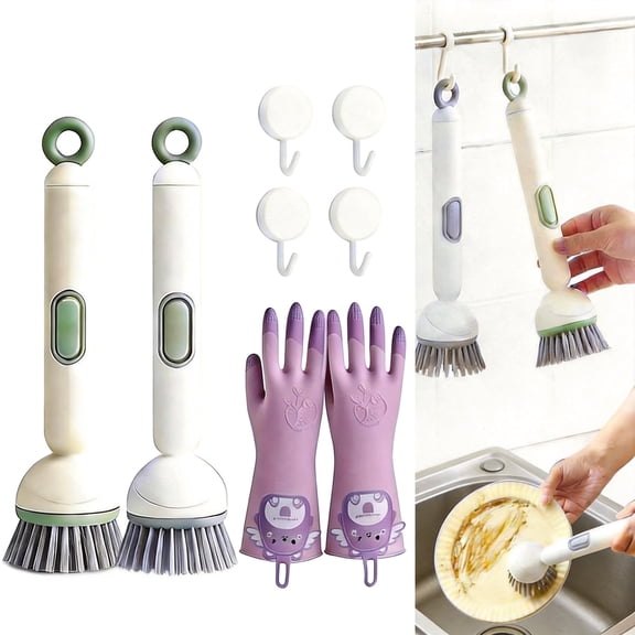 Adjustable Dish Brush with Soap Dispenser 7-Piece Set Kitchen Scrubber with Handle 6-Level Liquid Flow Control 1 Pair Gloves 4 Hooks