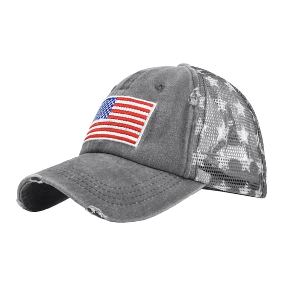 Adjustable Distressed Caps, Fabric Cotton Fabric, Black Mesh Fabric, Us Flag Embroidery, Open Back Construction, Sun Protection, National Holiday Gatherings, Gray, 1 Pc