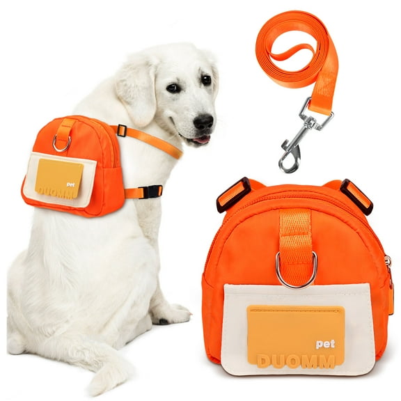 Adjustable Dog Backpack Harness with Leash & Poop Bag Dispenser, Waterproof Dog Saddle Bag, Pets Self Carrier Dog Harness Bag for 17-33 Lb Medium Doggy Travel Hiking Walking (Orange, M)