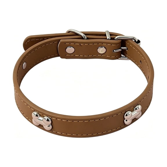 Adjustable Dog Collar with Detachable Bell, Wide Soft Pet Collar with Bone Charm for Small and Medium Dogs(Coffee,One Size)