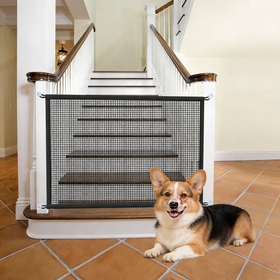 Adjustable Dog Gate for Stairs Black Screen Mesh Safety Barrier 43.3 x 28.3 in
