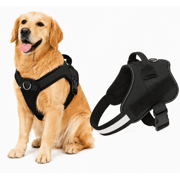 Adjustable Dog Harness, Reflective Padded Vest with Top Handle & D-Ring, Walking Harness for Small Medium Large Dogs, Black, Leash Not Included