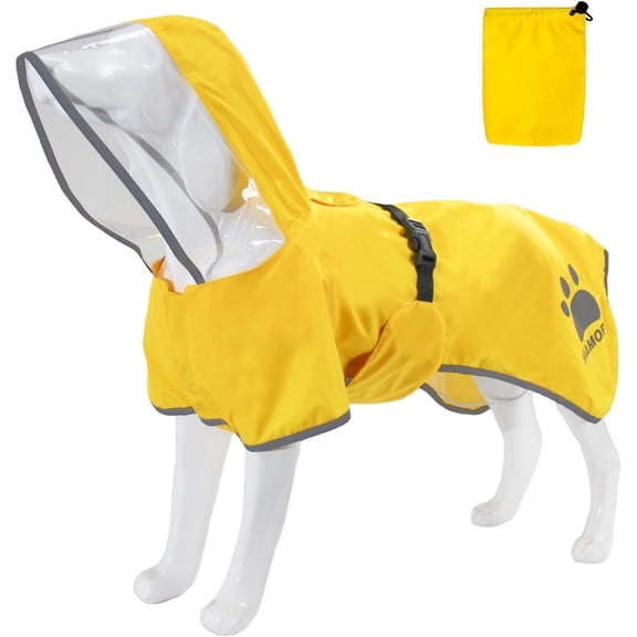 Dog Raincoat,Waterproof Lightweight Pet Poncho with Reflective Strips,Hood,Storage Pocket for dogs(Yellow,Small)
