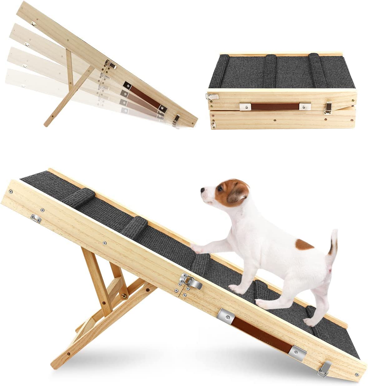 Adjustable Dog Ramp, Wooden Folding Portable Pet Ramp,Rated for 132 LBS, Adjustable from 13" to