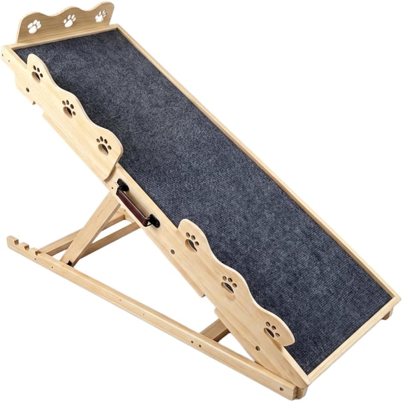 Adjustable Dog Ramp for Bed and Couch 5-Level Height 11.4 In -25.6 In Folding Wooden Pet Ramp Anti-Slip Mat and Rails 250 lbs Capacity