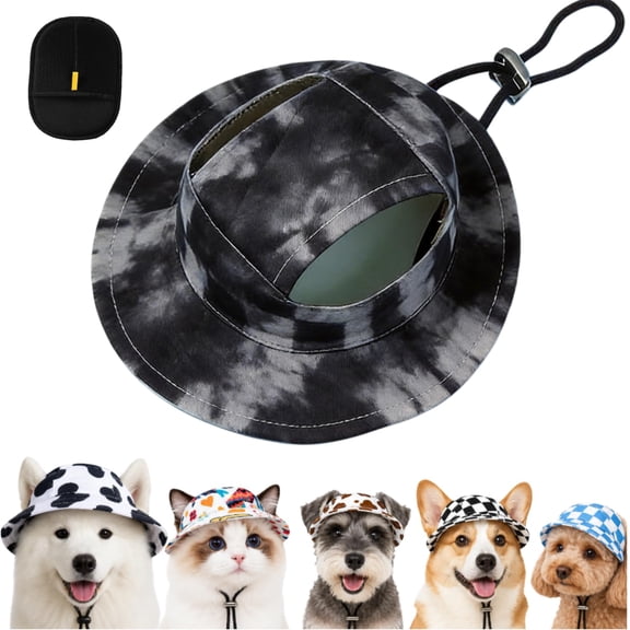 Adjustable Dog Sun Hat with Ear Holes, Cute Pet Hat Tie Dye Printed Breathable Pet Trucker Hat UV Protection Outdoor Cap, Adjustable Fisherman's Hat for Small Medium Dogs & Cats ,B-Black:Medium