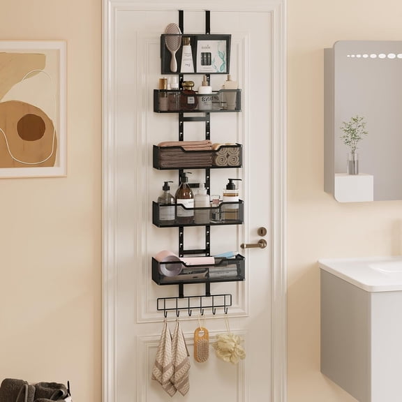 Adjustable Over The Door Organizer, Closet Door Organizer Heavy Duty Door Storage with 4 Metal Baskets and PVC Pocket, Behind Organizer for Bathroom Closet Bedroom Cabinet, Black