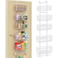 thumbnail image 1 of Adjustable Over The Door Organizer, Metal Hanging Door Organizer with 5 Wire Basket 7 Hooks, Wall Mounted Shelf for Pantry Closet Organization and Storage, White, 1 of 18