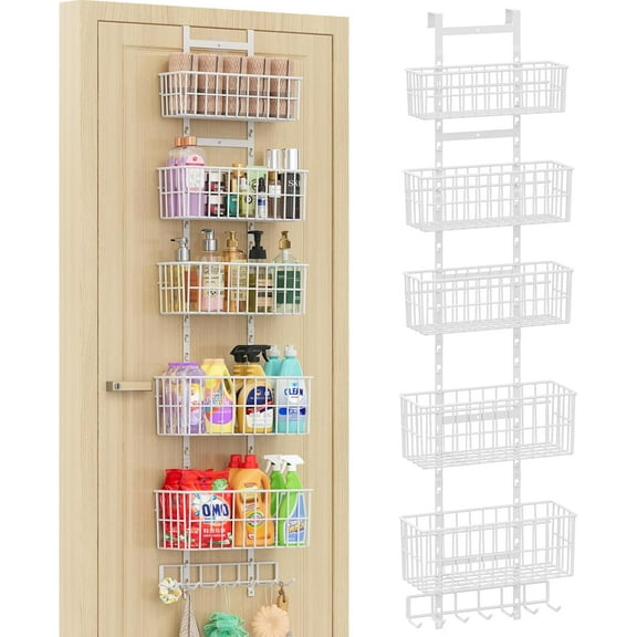 Adjustable Over The Door Organizer, Metal Hanging Door Organizer with 5 Wire Basket 7 Hooks, Wall Mounted Shelf for Pantry Closet Organization and Storage, White