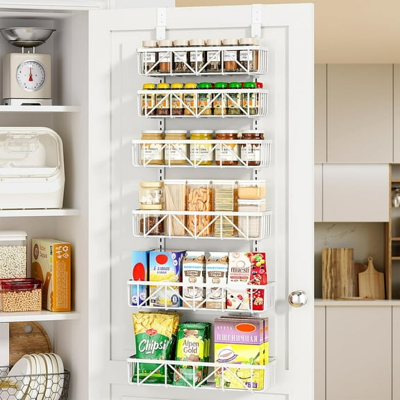 Adjustable Over the Door Pantry Organizer, 6-Tier Metal Pantry Organization and Storage for Kitchen, Hanging Spice Rack Seasoning Shelves, Cabinet Door Organizer for Easy Install, 16"