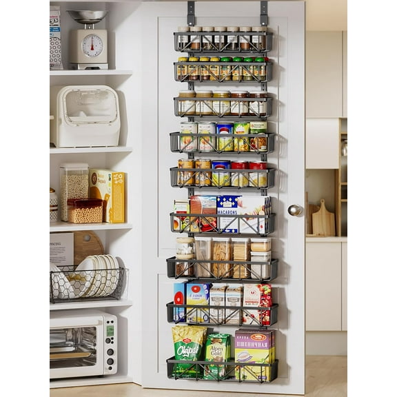 Adjustable Over the Door Pantry Organizer, 9-Tier Metal Pantry Organization and Storage for Kitchen, Hanging Spice Rack Seasoning Shelves, Cabinet Door Organizer for Easy Install, 16" Black