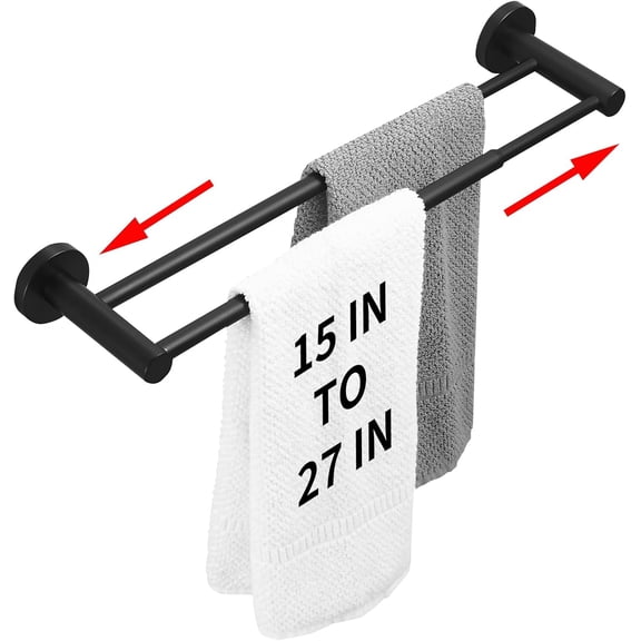 Adjustable Double Bath Towel Bar 15 to 27 Inch Matte Black Retractable Tower Holder Hanger Stainless Steel Expandable Dual Bathroom Tower Racks Bathroom Accessories, Wall Mounted