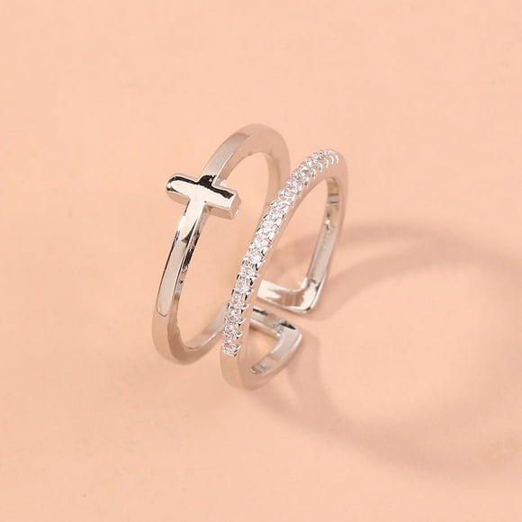 Adjustable Ring Double Layer Copper Ring with Zircon Cross Electroplated Brass Ring European and American Fashion Ring Gift for Her