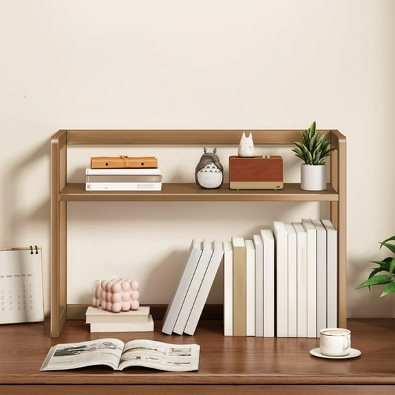 Adjustable Double Layer Desktop Storage Shelf, Wooden Desk Bookshelf Organizer for Office, Home, Kitchen, Countertop Supplies, Space Saving Display Rack, Coffee, 42x20x40cm