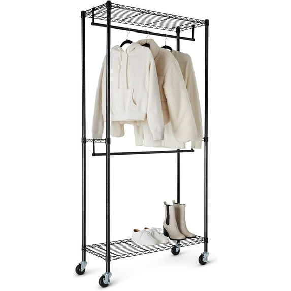 Adjustable Double Rod Rolling Garment Rack, Hanging Clothes Closet ...