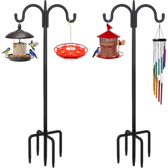 Adjustable Double Shepherds Hook for Outdoor with 5 Prong Base 108 Inch Heavy Duty Two Sided Bird Feeder Pole for Hanging Plant Baskets, Solar Light Lanterns, Wind Chimes 2 Pack