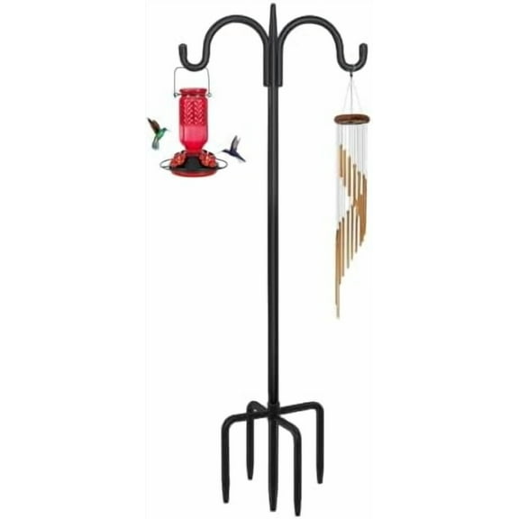 Adjustable Double Shepherds Hook for Outdoor with 5 Prong Base 63 Inch Heavy Duty Two Sided Bird Feeder Pole for Hanging Plant Baskets, Solar Light Lanterns, Wind Chimes