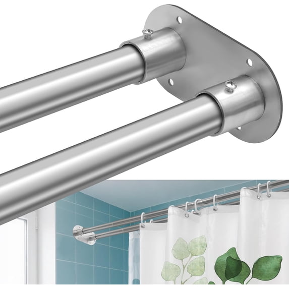 Adjustable Double Shower Curtain Rod, 28 to 75 Inches, Wall-Mounted Stainless Steel, Silver