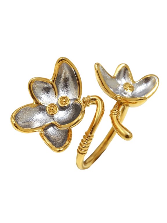 Adjustable Double Tone Floral Rings 18K Plated Stainless Steel Elegant Accessory Artistic Open Rings For Any Occasion