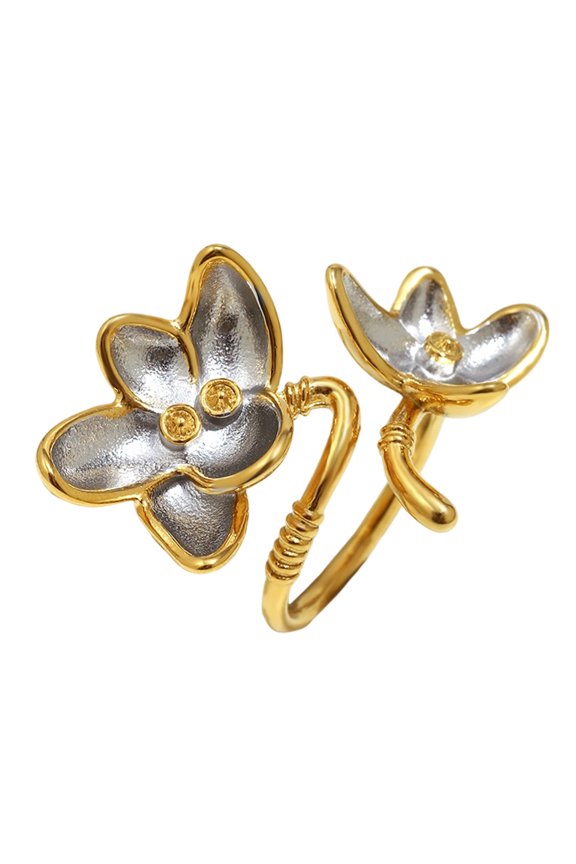 Adjustable Double Tone Floral Rings 18K Plated Stainless Steel Elegant Accessory Artistic Open Rings For Any Occasion