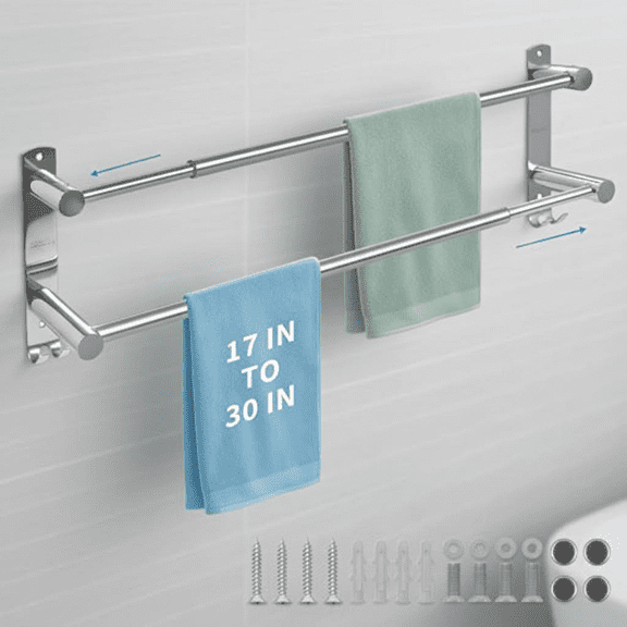 Adjustable Double Towel Bar, 16 to 28 Inch Stainless Steel Towel Rack for Bathroom and Kitchen, Heavy Duty Bath Towel Holder with Rust-Resistant Finish