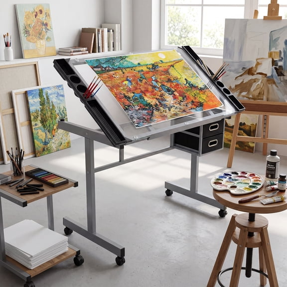 Adjustable Drafting Desk, Glass Tilting Tabletop with 2 Drawers and 4 Swivel Wheels, Art Station for Diamond Art, Painters, and Hobbyists, Home Office