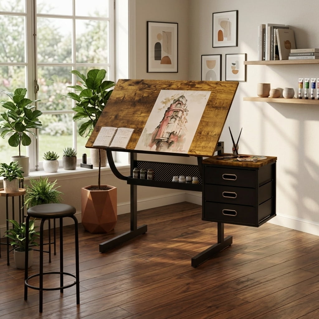 Adjustable Drafting Drawing Table with Stool & 3 Storage Drawers, 0–75° Tiltable E1 MDF Art Craft Desk with Powder-Coated Steel Frame for Painting Design Office Study