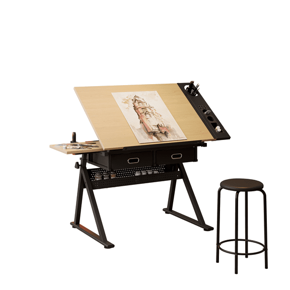 Adjustable Drafting Drawing Table with 2 Drawers, Includes Stool  Ideal for Home Office & School Use, Maple Finish