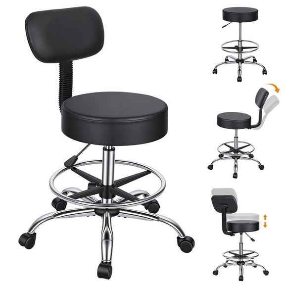 Adjustable Drafting Stool with Back Support, Height & Foot Ring Adjustment 23.6"-32.2", Heavy Duty Iron Plating, 5 Rolling Casters, Multi-Use Chair for Home & Shop