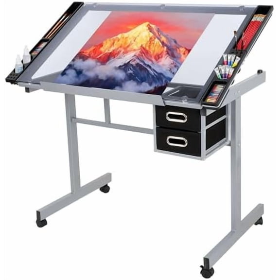 Adjustable Drafting Table Art Desk Drawing Table Versatile Art Craft Work Station Glass Tabletop w/2 Slide Drawers and Wheels for Reading, Writing, Painting Home Office$$Home Decor, Kitchen, & Other
