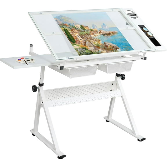 Adjustable Drafting Table - Art Desk Drawing Table, White, 39.21" W x 23.6" D x 27.5" H, For Artists, Crafters, Hobbyists