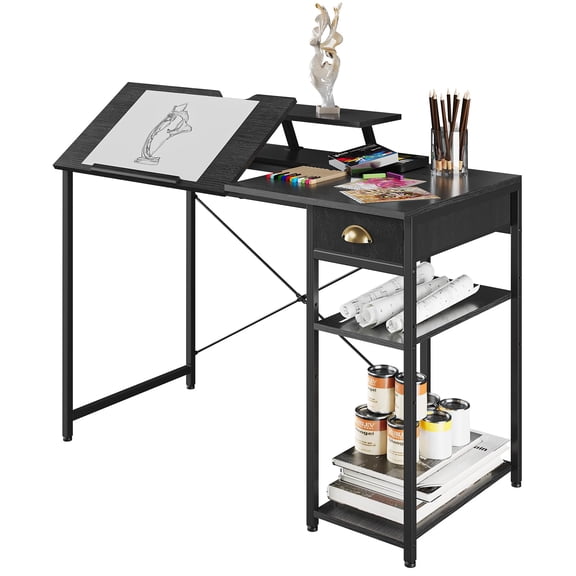 Adjustable Drafting Table Art Desk With Storage Shelves And Drawer, Tilting Drawing Computer Workstation With Monitor Stand For Home Office Studio, Modern Artist Furniture, Black, One Piece